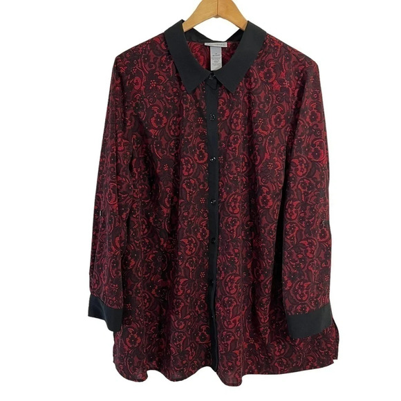 Catherines Floral Button Up Shirt 1X Black and Red Roll Tab Sleeves Lightweight - Picture 1 of 5